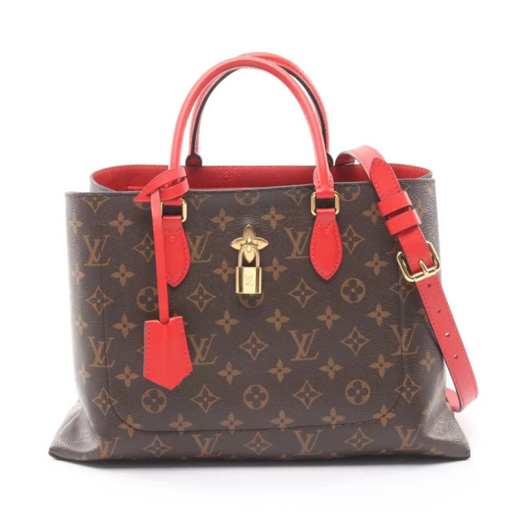 Louis Vuitton Flower Tote Bag Canvas Leather Monogram Brown Red